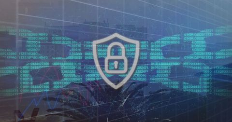 Cybersecurity Shield with Digital Code Over Urban Background - Download Free Stock Images Pikwizard.com