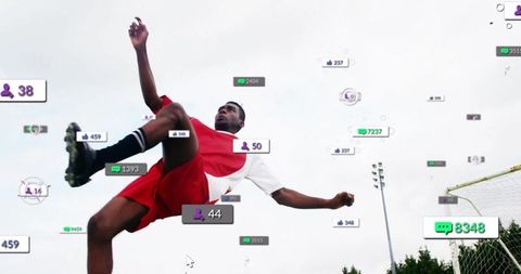 Dynamic soccer athlete leaping with social media elements