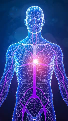 Pulsing Neon Torso Zooming Through Starfield with Magenta Core - Futuristic Biomedical Video