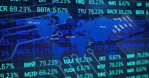 Holographic global finance dashboard showing world map, stock tickers and percent values