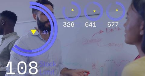 Presenting team collaborating with augmented reality analytics dashboard on whiteboard