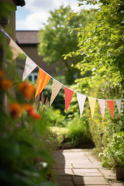 Colorful bunting banners hanging across a lush, sunlit garden pathway. Perfect for summer event promotions, outdoor party invitations, or lifestyle blogs focusing on gardening, summer celebrations, and outdoor decorations.