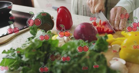 Chef Slicing Fresh Vegetables with Cherry Graphic Overlay