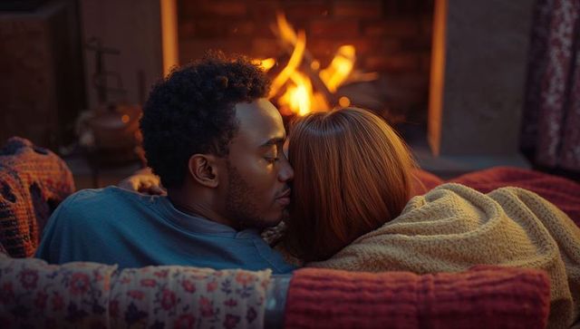 Couple Snuggling by Fireplace Creating Cozy Winter Atmosphere