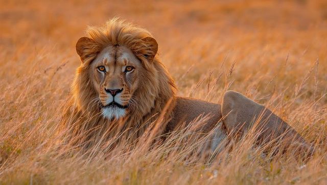 Regal male lion resting in golden savanna grass at sunset