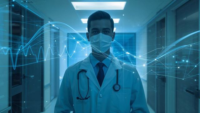 Masked physician standing in hospital corridor with digital health waveform overlay