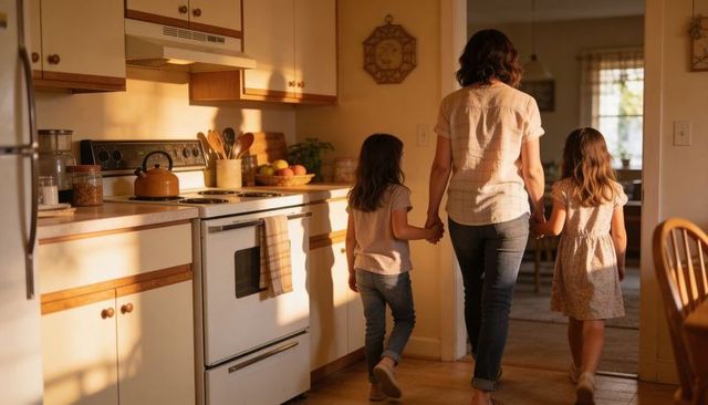 Mother walking hand-in-hand with daughters through sunlit cozy kitchen at golden hour