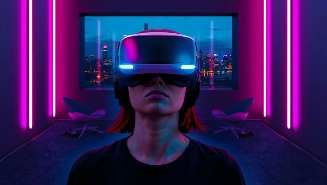 Woman wearing vr headset in neon lounge overlooking city skyline, futuristic night