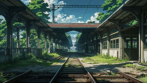 Abandoned anime railway platform with rustic charm