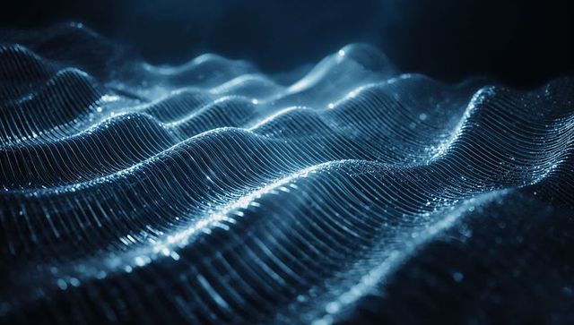 Futuristic 3d waveform with illuminated grid in dark void