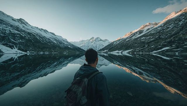 Male hiker overlooking mirrored alpine lake at sunrise with backpack and snow-capped peaks