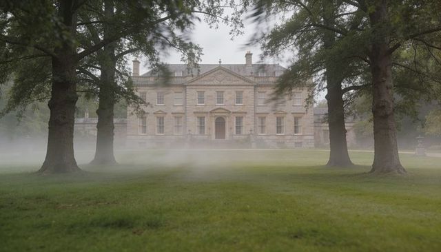 Misty neoclassical manor framed by mature trees on expansive lawn, stone facade entrance