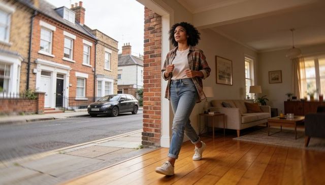 Young woman walking from cozy living room onto urban sidewalk, modern minimalist lifestyle
