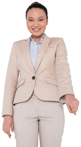 Transparent Smiling Asian Businesswoman in Beige Suit Making Gesture