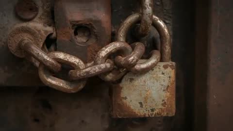 Close-up Video Showing Rusted Padlock and Chain Corroding on Weathered Metal Door