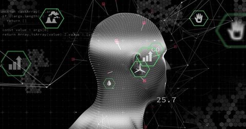 Mesh Head Neural Interface Displaying Data Analytics, Cybernetic Avatar Network Dashboard