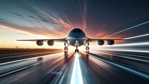 Futuristic jet airplane at dawn on wet tarmac with dynamic light streaks, streamlined design