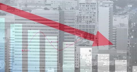 Red downward arrow crossing urban skyline with teal bar graph and magenta trend line overlay
