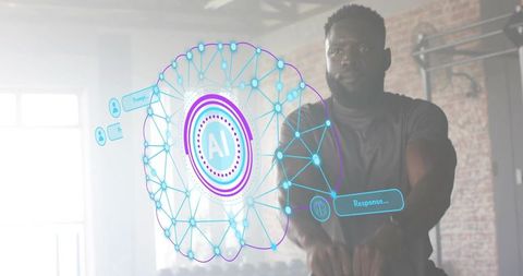 Trainer swinging battle ropes while projecting holographic ai brain in industrial gym