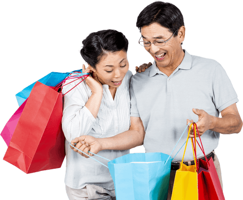 Joyful Asian Couple Shopping with Colorful Bags Transparent Background