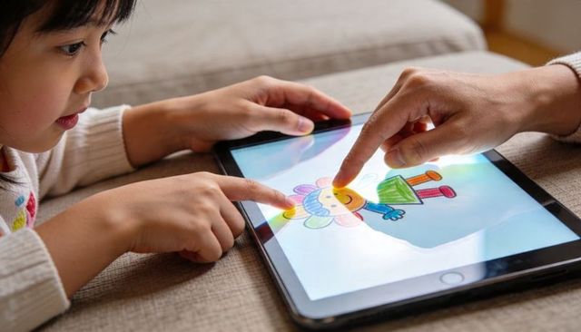 Child and parent touching tablet screen, coloring digital drawing together