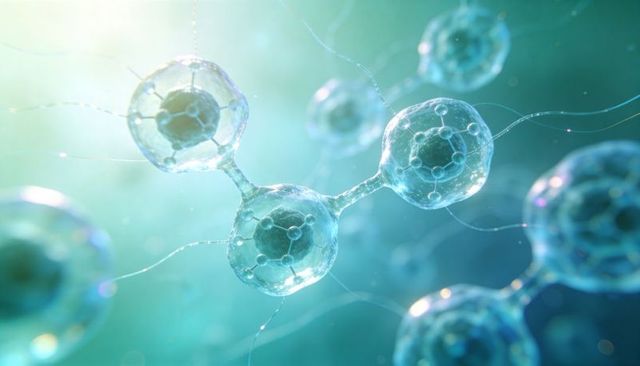 Translucent Spheres Floating in Teal Fluid with Connecting Filaments and Internal Nodes