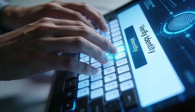 Hands Pressing Fingerprint Scanner on Keyboard for Biometric Identity Verification