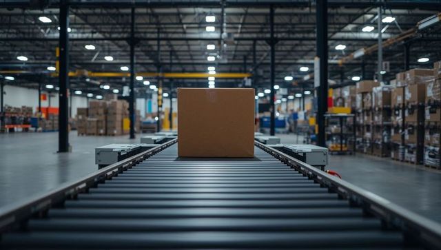 Conveyor carrying cardboard box in modern distribution center with shelving and aisles