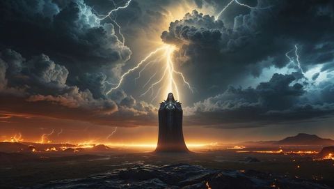 Epic lucifer commands lightning on volcanic plain