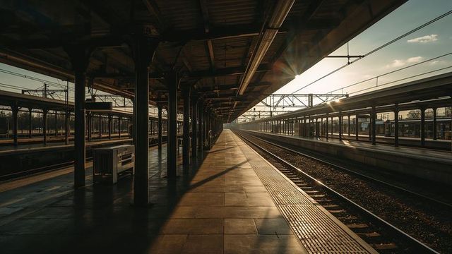 Empty Train Station with Dramatic Sunrise Light