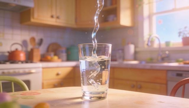 Pouring clear water into glass creating swirl vortex on sunlit wooden kitchen table