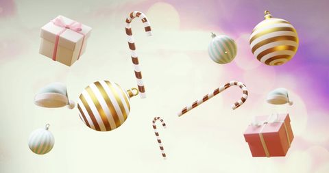 Floating Christmas Ornaments and Gifts on Purple Background