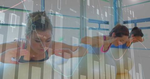 Women Planking in Fitness Studio with Data Charts Overlay