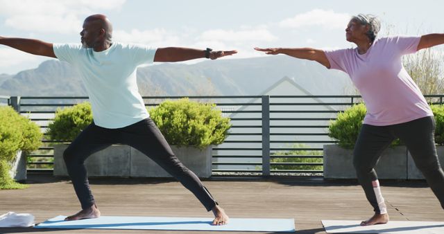 Image of happy african american couple exercise on the terrace - Download Free Stock Photos Pikwizard.com