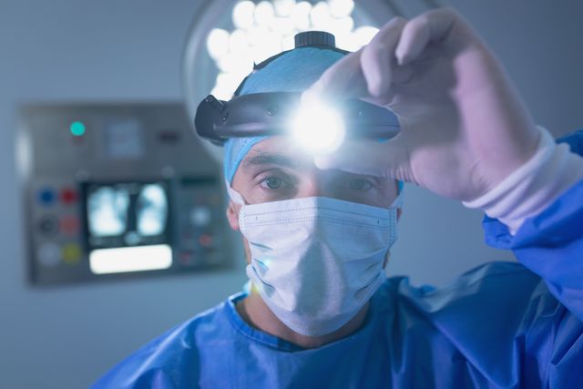 Male surgeon holding surgical headlamp in operating room at hospital