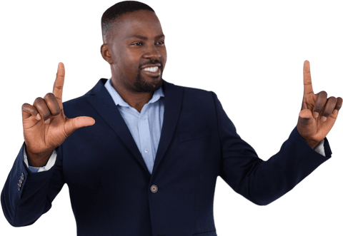 Businessman in suit smiling while gesturing transparent frame