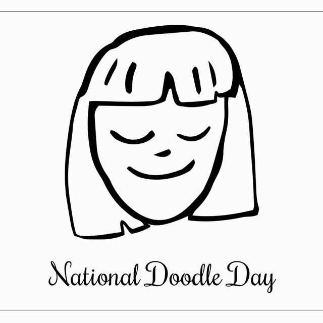 Black and white cartoon illustration featuring a simple doodle of a girl's smiling face. Ideal for use in promotions for National Doodle Day, creative events, drawing activities, and educational materials focusing on art and creativity. The image conveys a playful and happy tone, making it suitable for social media graphics, blog posts, or email newsletters centered around art and design.