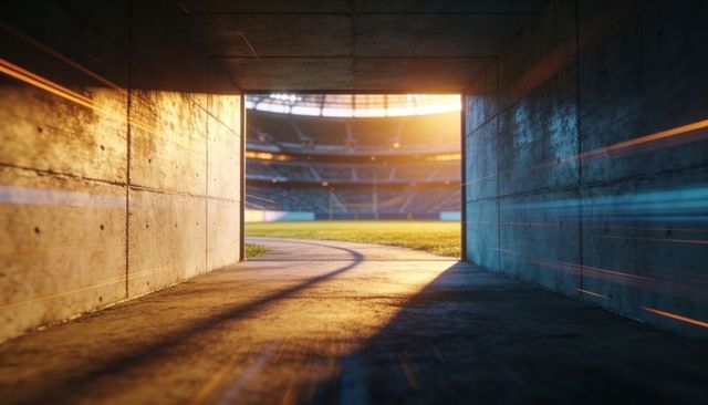 Sunlit stadium tunnel leading to grass pitch and tiered seating at golden hour