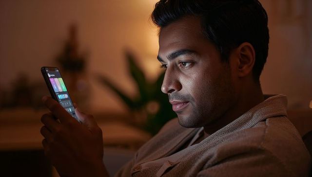 Man holding smartphone scrolling apps on couch in cozy evening living room light