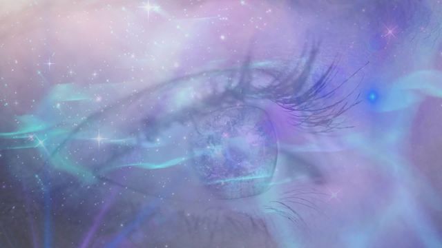 Double exposure animation of a woman's eye with overlaying lights and shapes evoking a mystical and ethereal feeling. Ideal for use in fantasy-themed presentations, artistic projects, or digital animations requiring a dreamlike and otherworldly atmosphere.