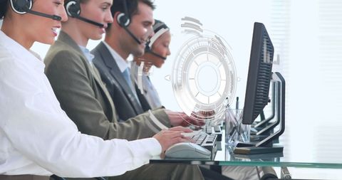 Diverse customer support team with futuristic data interface