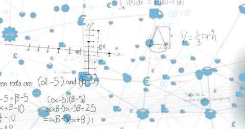Abstract network visualization with blue nodes, gears and algebra scribbles on whiteboard