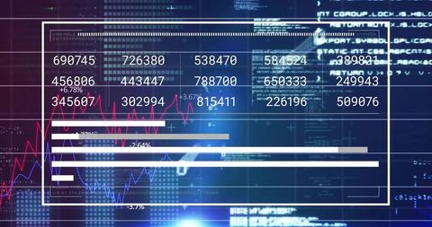 Futuristic fintech dashboard displaying six-digit data tiles, neon line charts and analytics UI