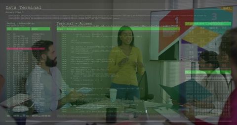 Presenting leader gesturing to team in modern boardroom with data terminal overlay