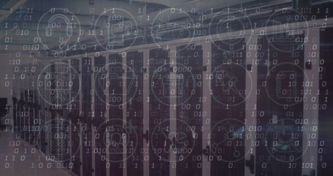 Binary numbers and digital icons overlaying modern server room