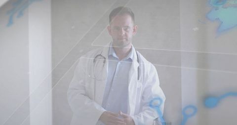 Male Physician Standing in Clinic Wearing Lab Coat and Stethoscope with Molecular Overlay