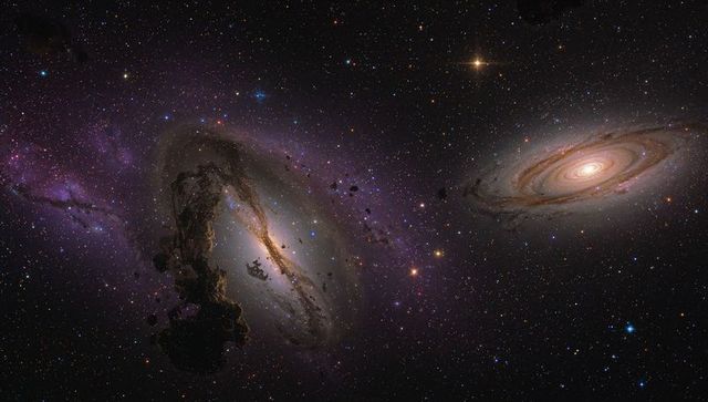 Glowing distorted spiral galaxy showing dark dust lanes and tilted spiral companion