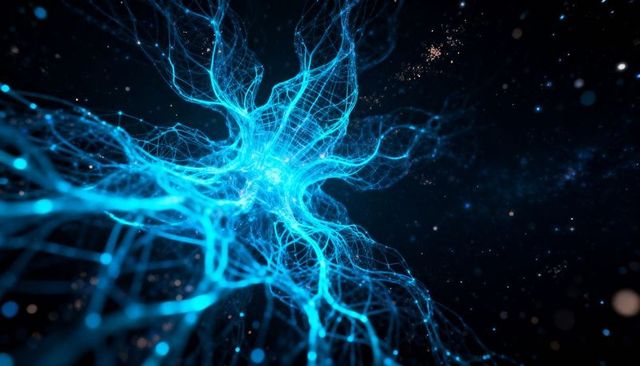 Glowing neural network node radiating cyan filaments and mesh in dark cosmic space