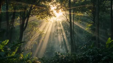Sunbeams Streaming Through Lush Tropical Forest Canopy at Dawn with Misty Understory and Ferns