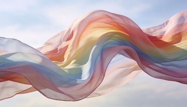 Billowing rainbow chiffon draping and flowing in sunlit sky, ethereal sheer fabric